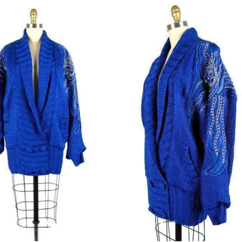 Vintage 1980s Blue Appliqued Knit Sweater Coat